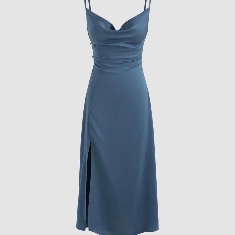 Cider Solid Cowl Neck Slit MIDI Dress Blue